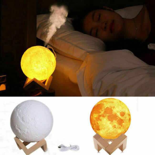 3D moon lamp with soft mist rising from built-in ultrasonic humidifier — view 2