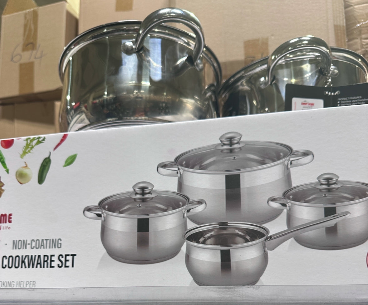 Stainless steel 5-piece cookware set with glass lids — includes pots and saucepan for everyday cooking.