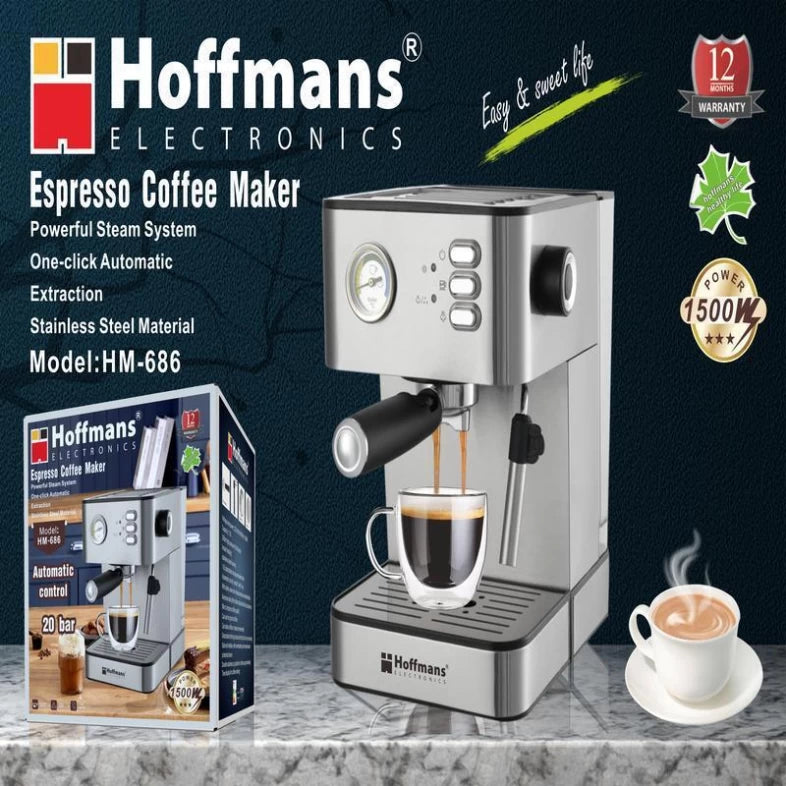 Hoffmans HM-686 espresso coffee maker with stainless steel body, steam wand, and dual cup brewing system on a kitchen counter.
