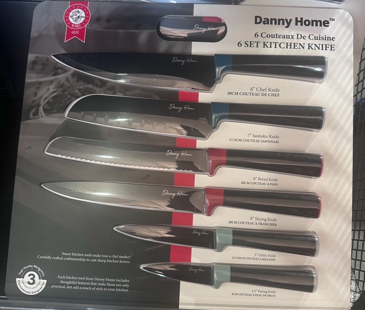 6-Piece Stainless Steel Kitchen Knife Set by Ze Home Finds – Chef, Santoku, Bread, Slicing, Utility and Paring Knives