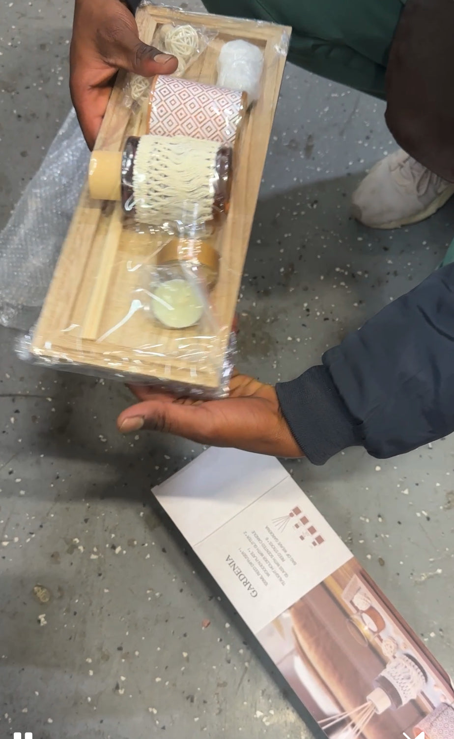 Danny Home Gardenia reed diffuser and candle set displayed on a wooden tray with decorative accents.