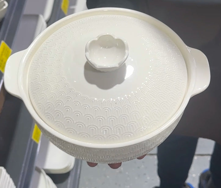 White 11.5-inch ceramic casserole pot with textured lid – elegant oven-to-table cookware.