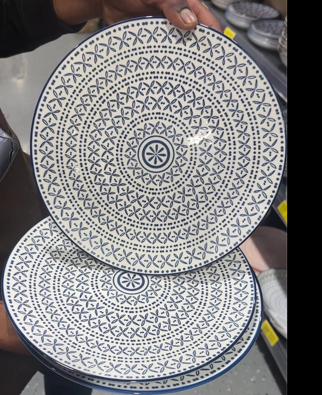 Blue geometric ceramic dinner plate with navy pattern, elegant tableware for everyday dining from Ze Home Finds.
