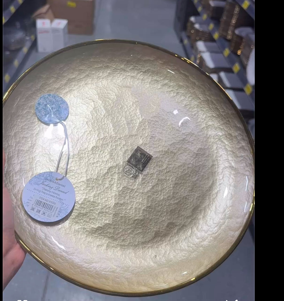 Champagne gold round plate with elegant sheen, luxury dinnerware for modern dining tables.