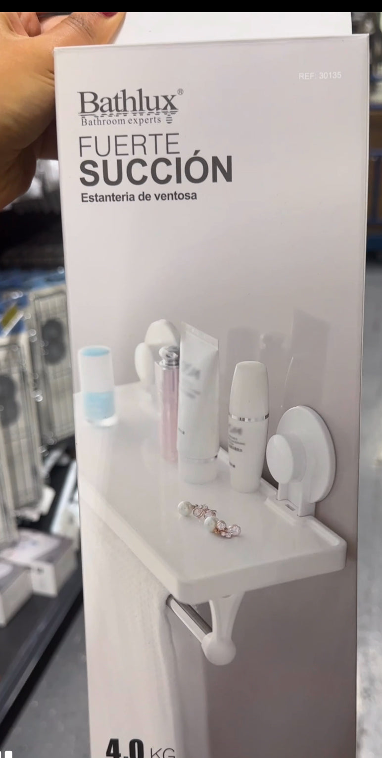 Bathlux wall-mounted suction shelf for bathroom essentials — white plastic storage rack with strong suction cups, ideal for toiletries and accessories.