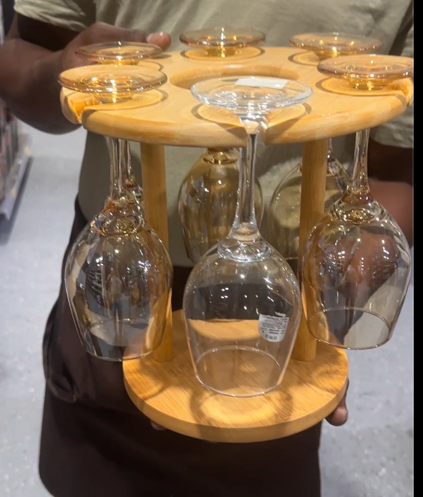 Round bamboo wine glass holder rack with six glasses – eco-friendly countertop display stand