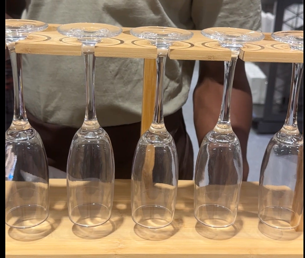 Rectangular bamboo wine rack holding five glasses and two wine bottles – modern eco-friendly home bar organizer