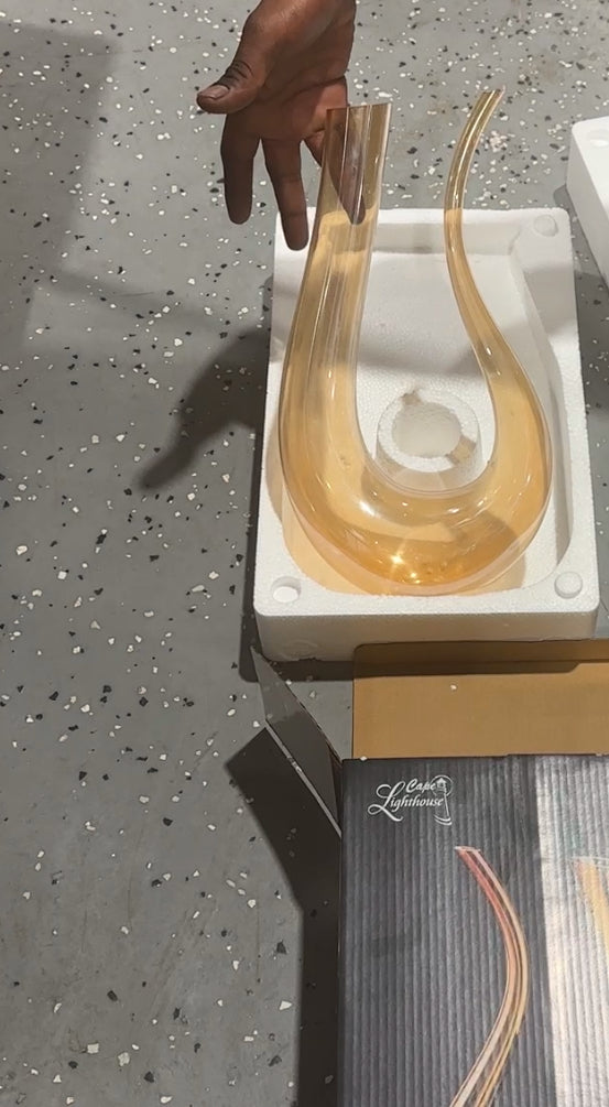 Modern clear curved glass wine vase serving as a wine decanter and minimalist table centerpiece.
