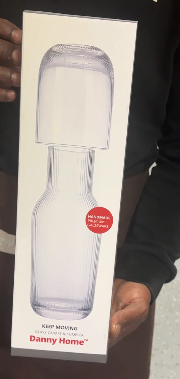 Handmade glass carafe and tumbler set with ribbed texture — elegant bedside or dining water set