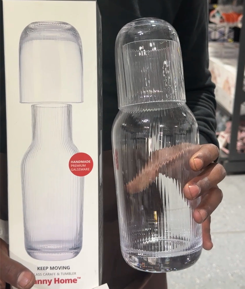 Handmade glass carafe and tumbler set with ribbed texture — elegant bedside or dining water set